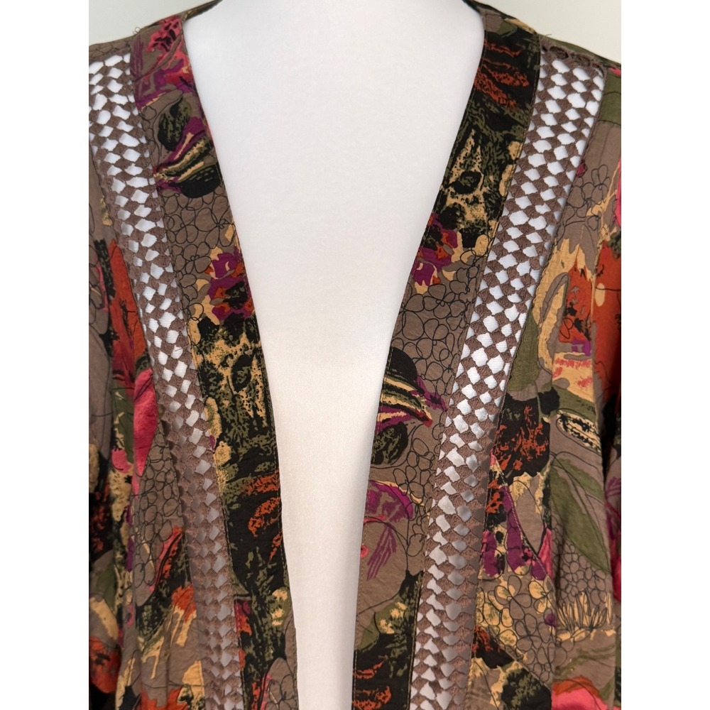 Soft Surroundings XL Floral Kimono Cardigan Open Front Crochet Trim Taupe‎ Pink - Picture 4 of 10